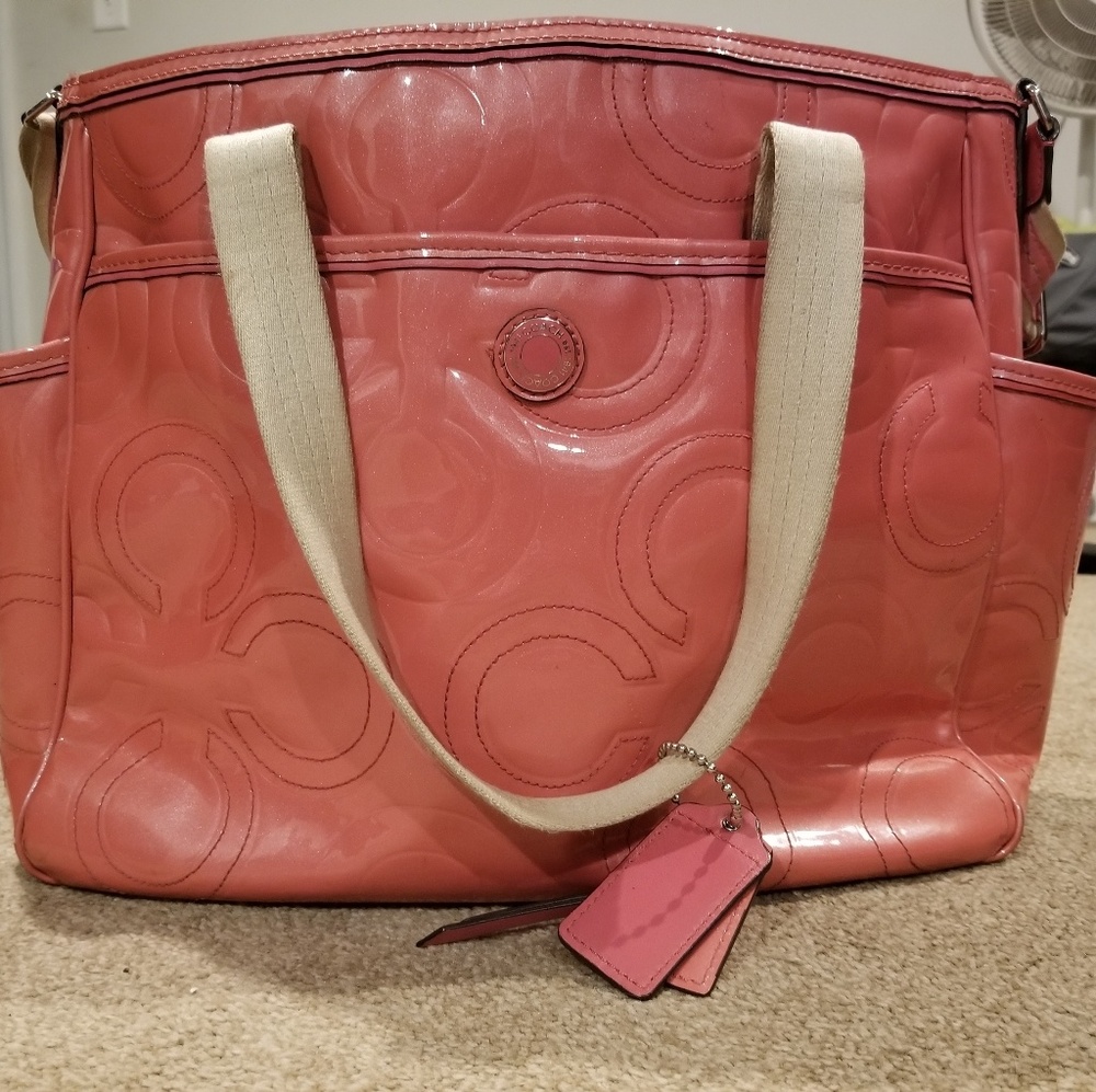 Coach coral patent leather diaper bag